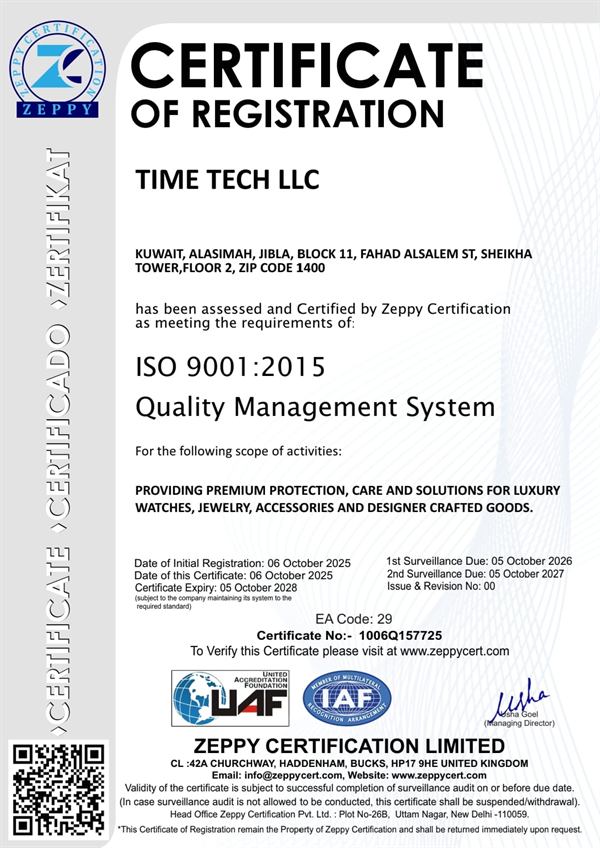 ISO 9001:2015 certificate of registration, Time Tech LLC