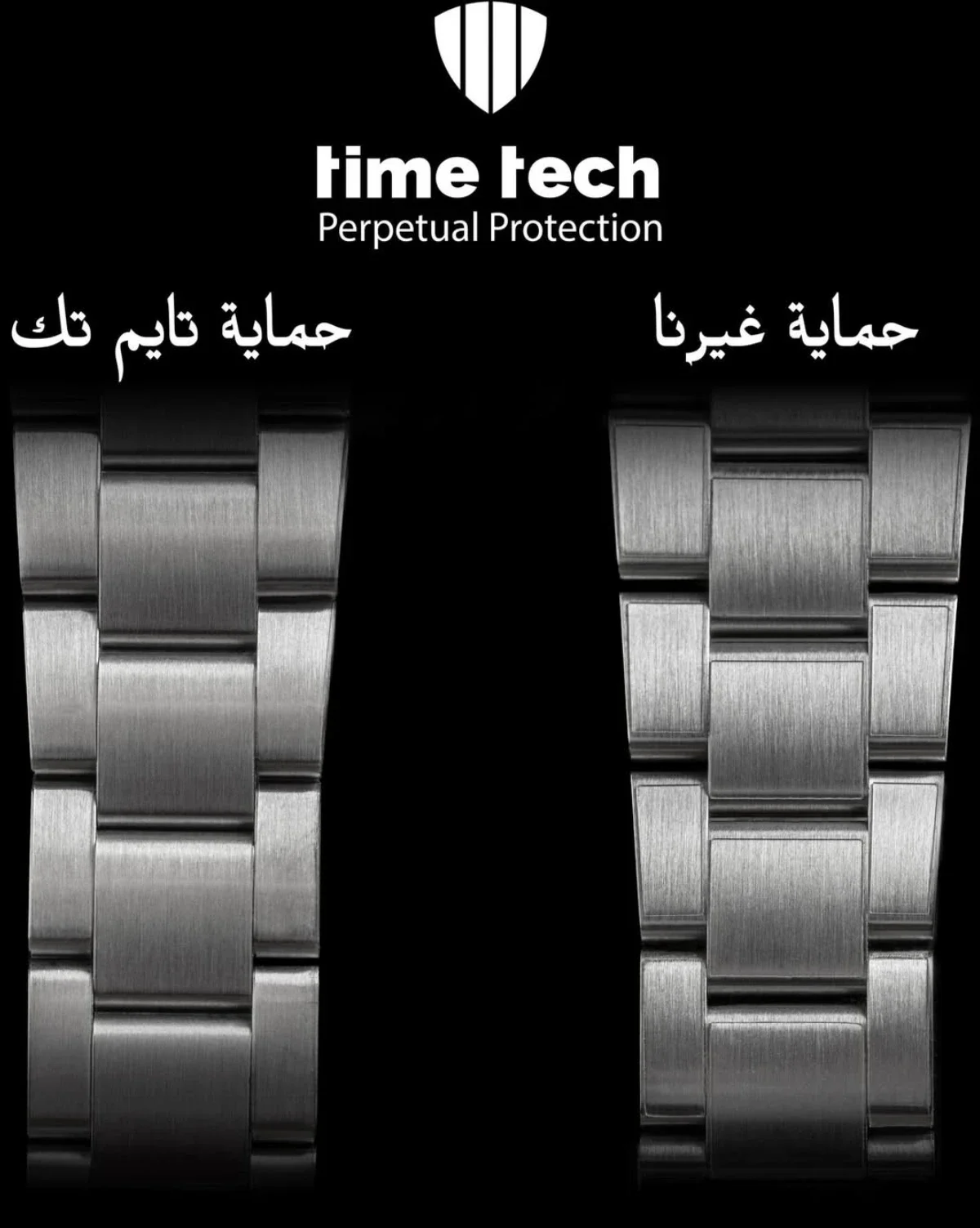 Two steel bracelets side by side: Time Tech protection on the left, another provider's on the right