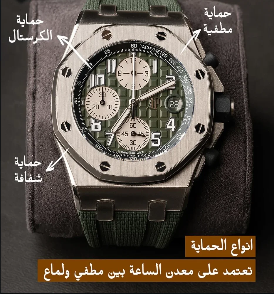 A Royal Oak Offshore with the three protection types marked: crystal, matte and clear